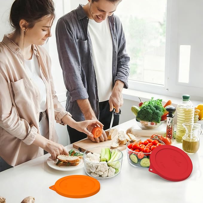 Sophico 4 Cup Round Silicone Storage Cover Lids Replacement for Anchor Hocking and Pyrex 7201-PC Glass Bowls (Container not Included) (Red-Orange) 4 Pack