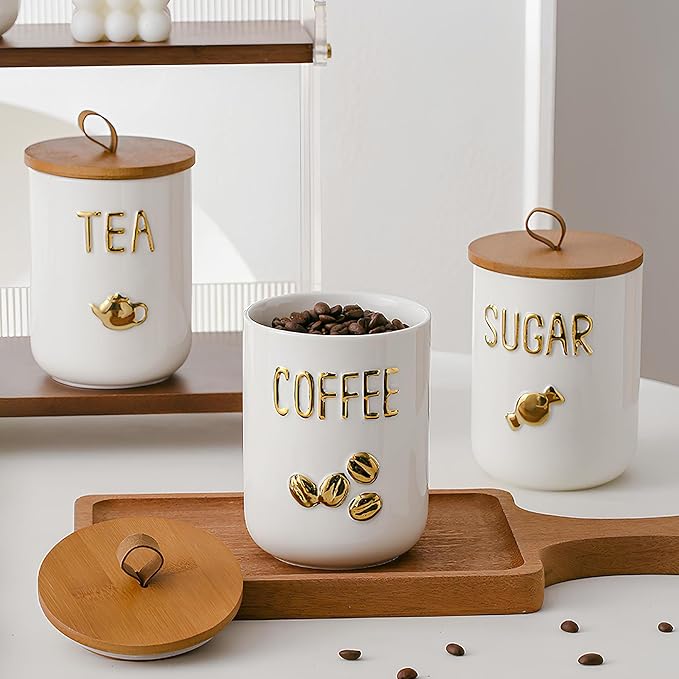 Comeon Ceramic Canister Set with Airtight Seal Bamboo Lid Silicone, 27oz Food Storage Jars for Coffee Sugar Tea, Container Set for Kitchen Pantry Counter Decor (Sugar)