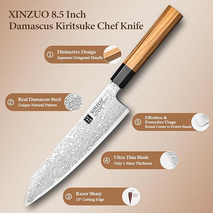 XINZUO 8.5 Inch Japanese Kiritsuke Chef Knife with Sheath, Hand Forged 67 Layers Damascus Steel Kitchen Knife, Ultra Sharp, Japanese Chopping Knife with Olive Wood Octagonal Handle