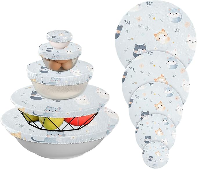 5 Pcs Bowl Covers Reusable in 5 Size Elastic Food Cover Cloth Lids Fresh Keeping Dish Cookware Bakeware Fabric Covers Lids for Food Leftovers Fruits Storage Blue Cats Flowers