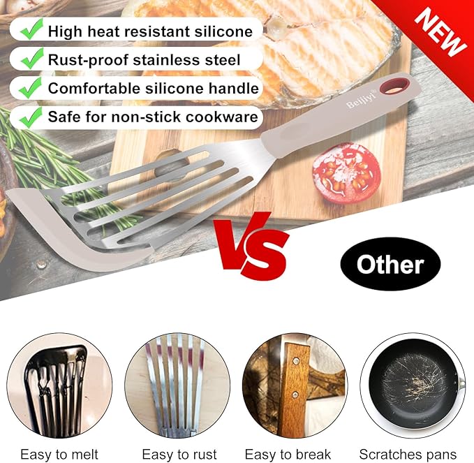 Beijiyi Silicone Fish Spatula Set, 2-Piece Heat Resistant Fish Turner Spatula for Non Stick Frying Pan, Flexible Kitchen Cooking Utensils, Slotted Egg Flipper, Large 12.3 In, Small 10.6 In, Khaki