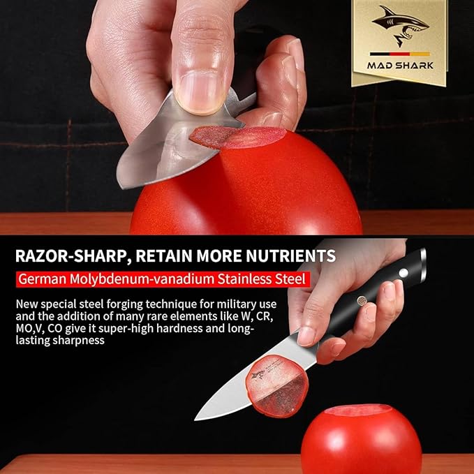 MAD SHARK 3.5 inch Paring Knife, Small Kitchen Knives Ergonomic Handle, Ultra Sharp Fruit Knife for Fruits,Vegetables, Forged Synergy by German Stainless Steel