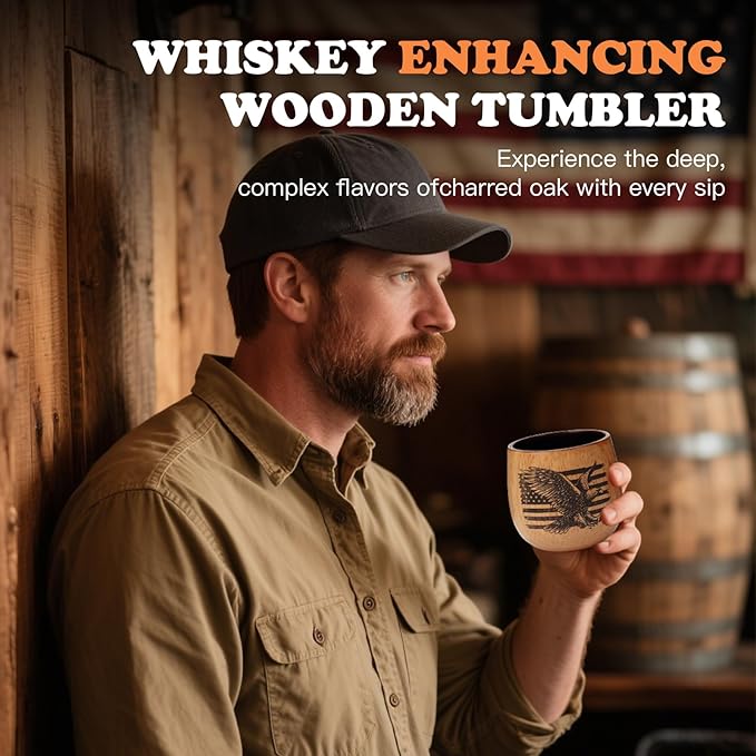 Original Oak Charred Whiskey Glass - Handcrafted Engraved Oak Whiskey Tumbler, Unbreakable Old Fashioned Glass, Unique Wooden Bourbon Drinking Glass for Men