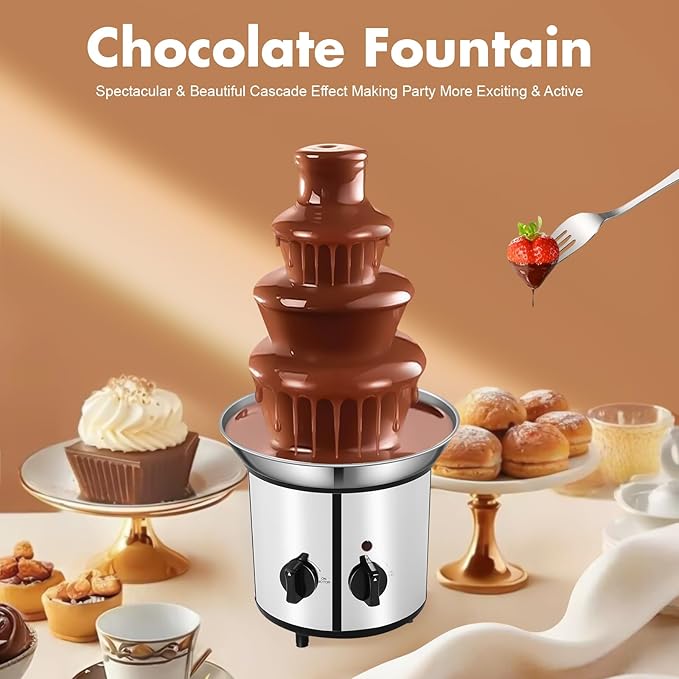 4 Tier Chocolate Fountian Electric Chocolate Fondue Melting Machine 60-Ounce Stainless Steel Luxury Cheese Cascading Fondue for Parties