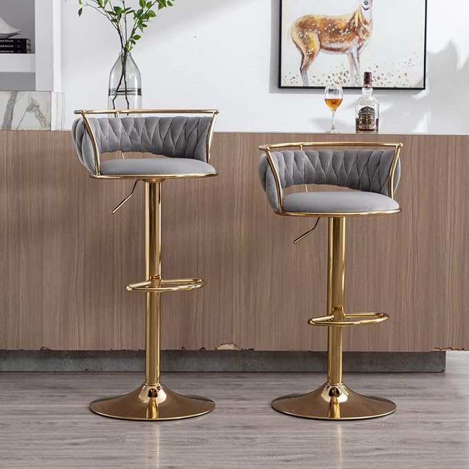 LukeAlon Modern Velvet Adjustable Barstools Set of 2, 360° Swivel Counter Stools with Golden Base Upholstered Open Back Tall Bar Chairs with Footrest for Home Pub Kitchen, Grey