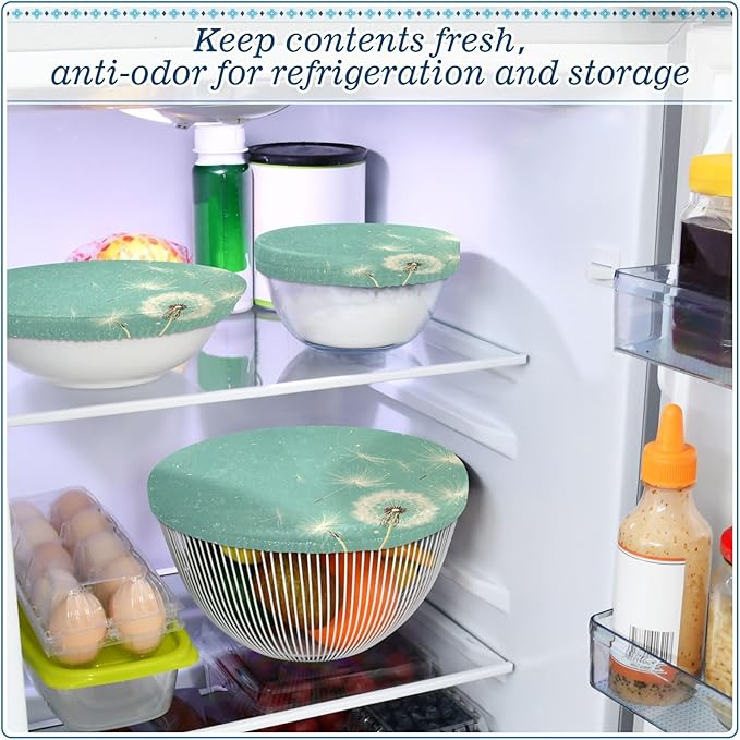 5 Pcs Bowl Covers Reusable in 5 Size Elastic Food Cover Cloth Lids Fresh Keeping Dish Cookware Bakeware Fabric Covers Lids for Food Leftovers Fruits Storage Teal Dandelion Flowers