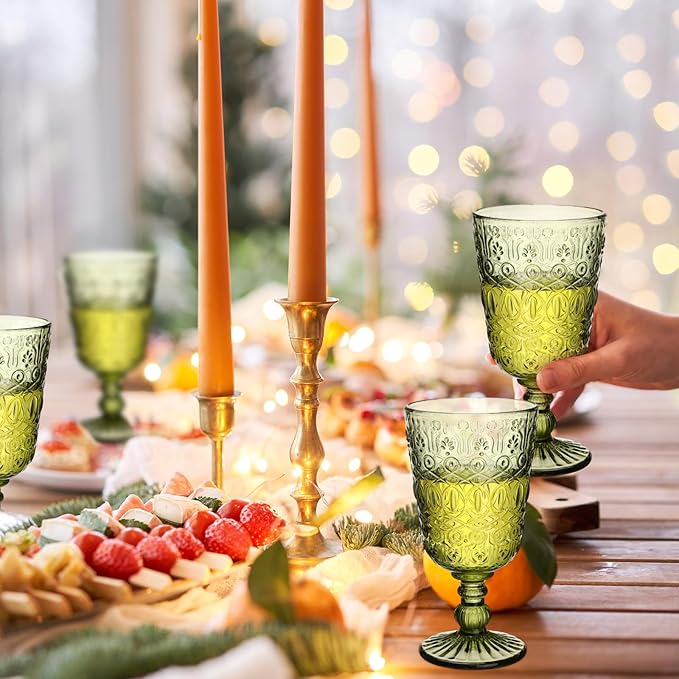 Eaasty Wine Glasses Set of 6 Vintage Goblet 9 oz Vintage Colored Glass Goblet Beverage Stemmed Glass Cups Romantic Embossed Glassware for Wedding Party Holidays Anniversary (Green)