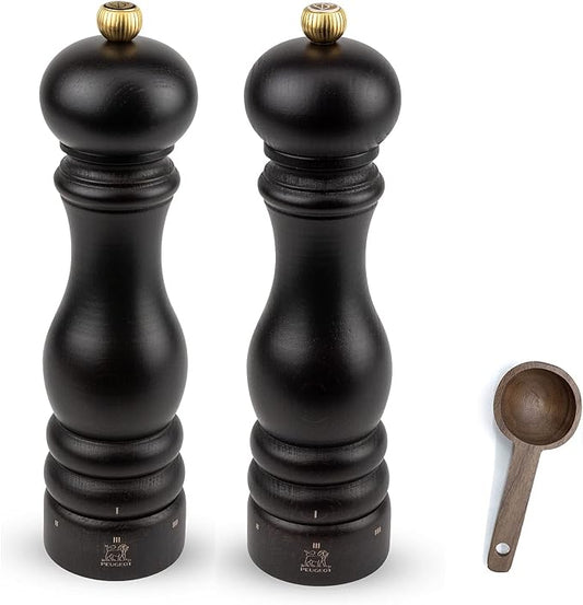 Peugeot Paris u'Select 6 Setting Manual beechwood Salt & Pepper Mill Set With Wooden Spice Scoop Made In France (Chocolate, 9- Inch)