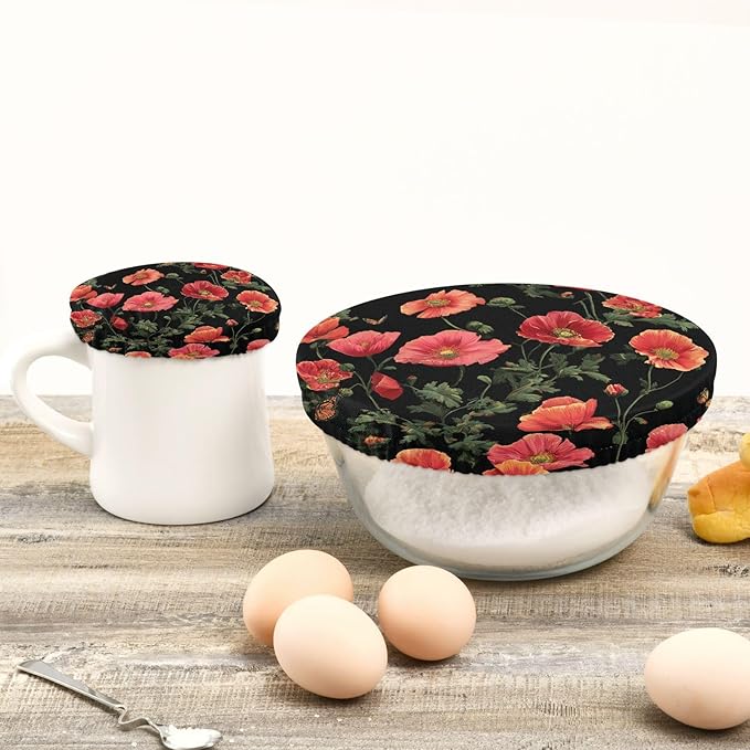5 Pcs Bowl Covers Reusable in 5 Size Elastic Food Cover Cloth Lids Fresh Keeping Dish Cookware Bakeware Fabric Covers Lids for Food Leftovers Fruits Storage Black Poppy Butterfly