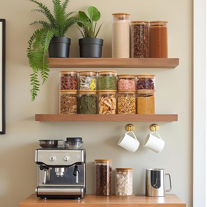 ComSaf Airtight Glass Storage Canister with Wood Lid(1.5 Qt), Set of 3 Glass Jars with Lids, Clear Food Storage Container Jar with Sealing Lids for Dry Food Cereal Oat Sugar Tea Coffee Beans, Round