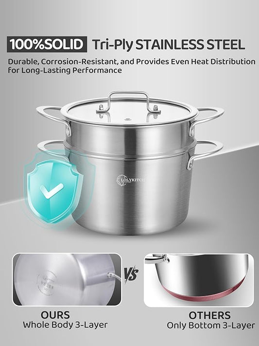 LOLYKITCH Tri-ply Stainless Steel 5 QT Stock Pot with Steamer,Induction Cooking Pot,Pots and Pans,Heavy Duty,Dishwasher and Oven Safe.