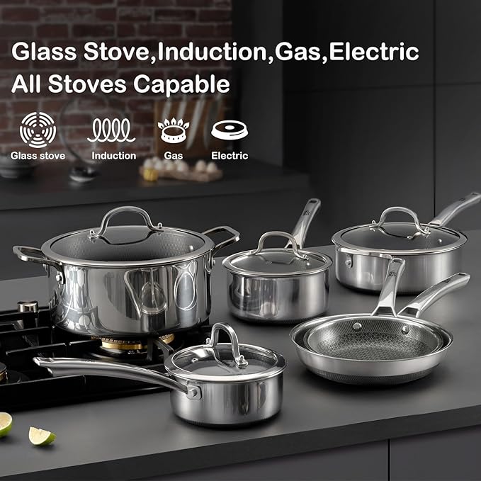 Sauce pan with lid,1.5 Quart Hybrid Nonstick Sauce pans set, Stainless Steel cookware,non stick Pots PFOA Free,Works on Induction,Ceramic and Gas Cooktops