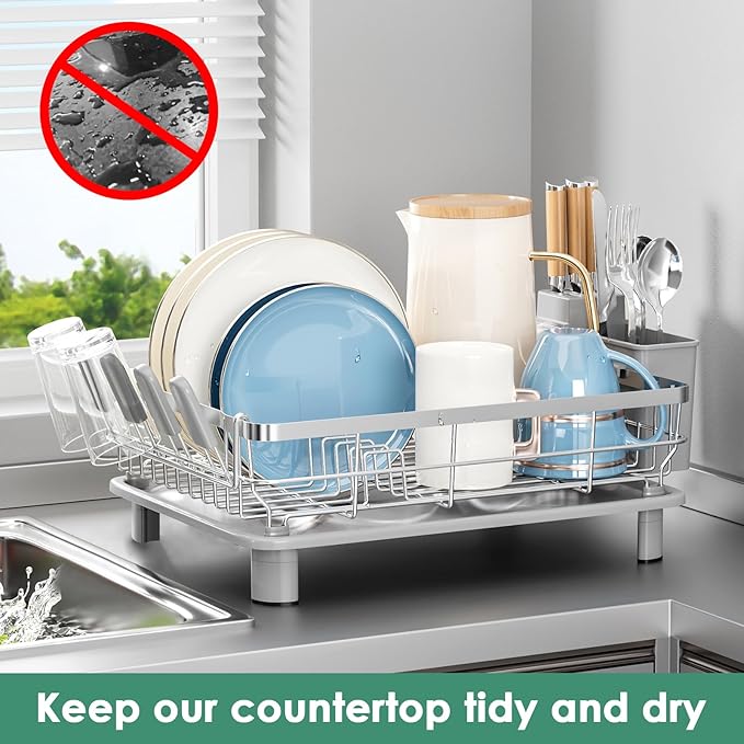 MOUKABAL Dish Drying Rack - Stainless Steel Dish Rack, Dish Racks for Kitchen Counter, Drying Rack Kitchen with Removable Utensil Holder, Drainboard and Glass Organizer (Grey)