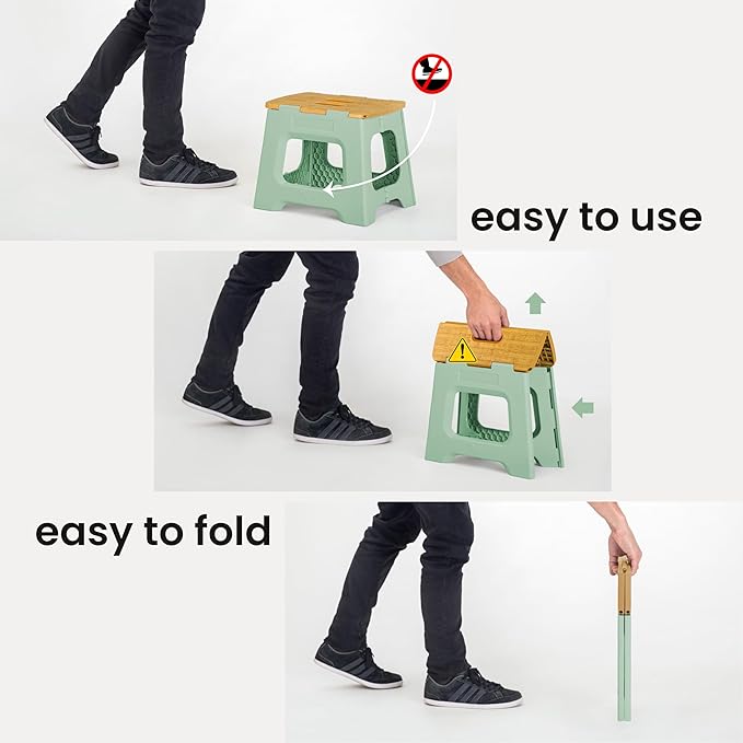 Vigar Compact Step Stool Foldable, 12-1/2-inch Step Stools for Adults up to 330 Pound, Lightweight Stool, Non-Slip Folding Step Stool, Bamboo Print on Top, Vintage Green