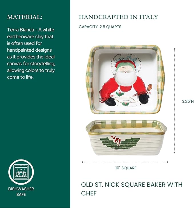 Vietri Old St. Nick Square Baker w/Chef, Christmas Oven Baking Dish, Earthenware Bake & Serve Pan