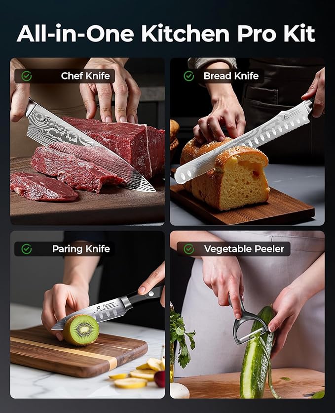 Essential 4-Piece Kitchen Knife Set,Sharp German Steel Knives Sets(Chef's Knife, Paring Knife, Bread Knife + Peeler) for Home Cooking BBQ,Gift Box included