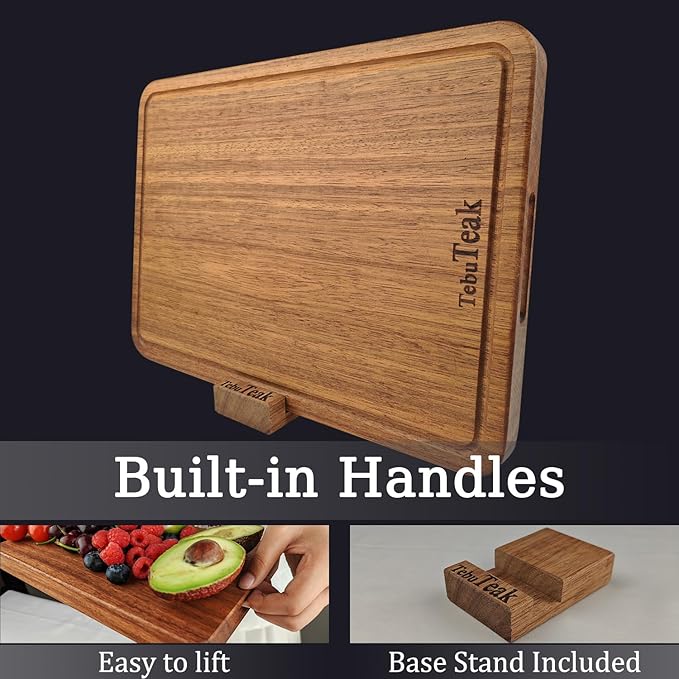 Solid Teak Wood Cutting Board - Single/One Piece Design Wooden Choping Boards Non Glued Knife-Friendly Durable Chopping Block for Kitchen Meat Vegetable Chese 18 x 12 IN (Includes Stand)