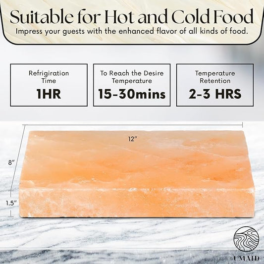 UMAID Himalayan Salt Block For Grilling, Cooking, Cutting and Serving,12X8X1.5 Food Grade Himalayan Pink Salt Stone on Stainless Steel Plate & Recipe Booklet, Unique Gifts for Men, Women, Chef, Cooks
