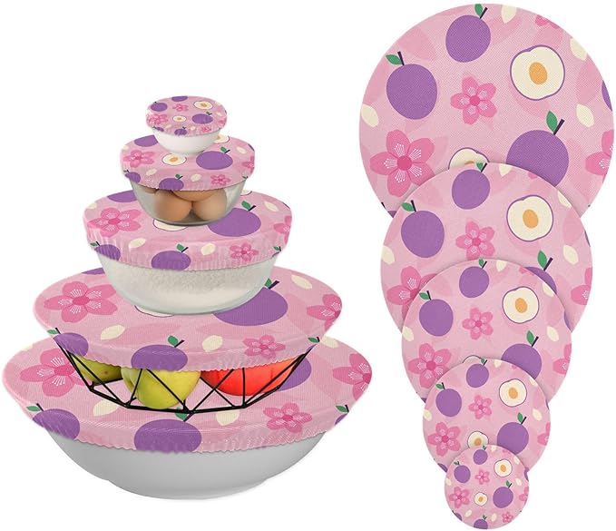 5 Pcs Bowl Covers Reusable in 5 Size Elastic Food Cover Cloth Lids Fresh Keeping Dish Cookware Bakeware Fabric Covers Lids for Food Leftovers Fruits Storage Vintage Plum Fruit Flowers Purple