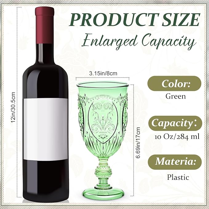 18 Pack Plastic Goblets 10oz Upgrade Vintage Water Goblet Plastic Wine Glasses Colored Retro Embossed Glassware for Party Wine Bar Juice Baby Shower Wedding Reception Grand (Green)