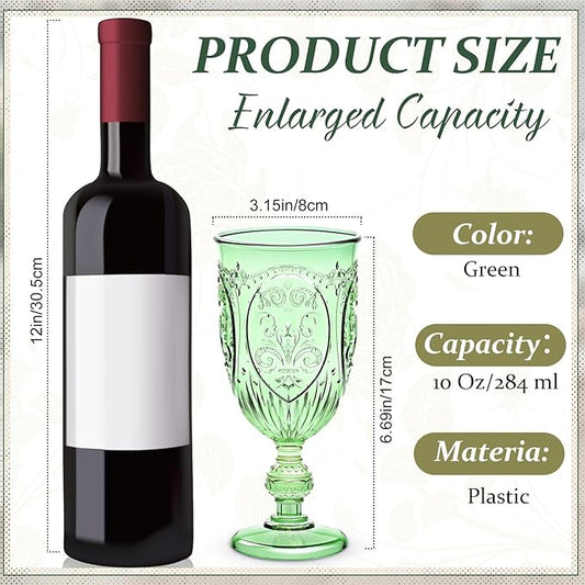 18 Pack Plastic Goblets 10oz Upgrade Vintage Water Goblet Plastic Wine Glasses Colored Retro Embossed Glassware for Party Wine Bar Juice Baby Shower Wedding Reception Grand (Green)