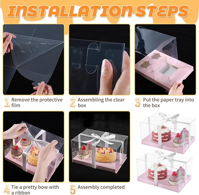 3Pcs Pink Bento Cake Cupcake Combo Boxes Valentine's Day 1+2 Bento Box with Clear Lid 2 Holes Pastry Sweets Cake Cupcake Combo Box Baking Supplies for Valentine Wedding Birthday Party(Pink 1+2/3Pcs)
