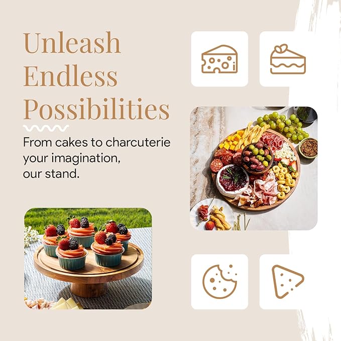 Acacia Wood Cake Stand with Lid - Multifunctional 12 In Round Cake Holder, Dessert Table Display Set & Charcuterie Board for Cheese, Chips, Fruit Platter, Acrylic Cake Dome Cover, No Glass