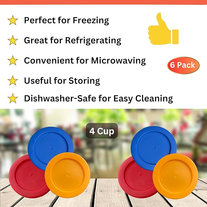 4 Cup/950 mL Orange, Red, Blue Replacement Lids/Covers for Pyrex 7201-PC, 4 Cup/32oz Anchor Hocking & Klare Ware Storage Bowls *Lids Only* - *Glass Container Not Included* (6 Pack, Orange, Red, Blue)