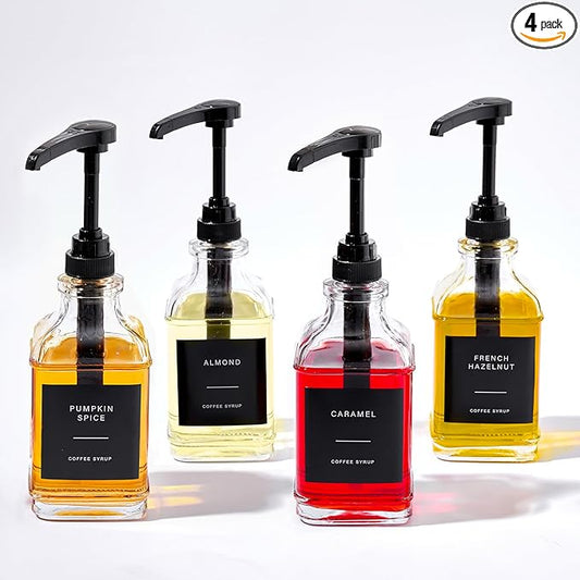 Coffee Syrup Dispenser Set, 4 Glass Bottles with Pump, Black, 16.9 oz, 500 ml