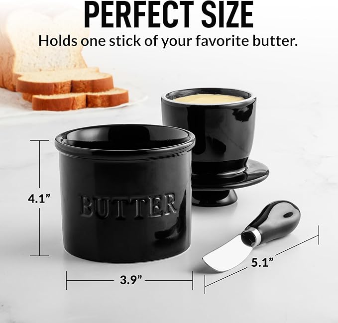 Zulay Kitchen Porcelain Butter Crock With Lid & Knife - Authentic French Butter Dish Keeper For Fresh & Spreadable Butter - Black Bell Shaped