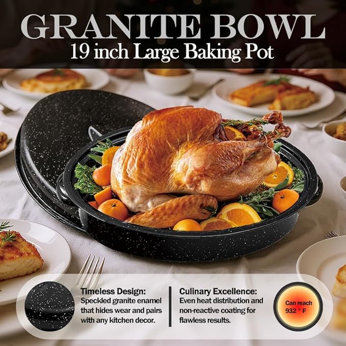 Enamel Roaster Pan With Lid and Rack Set 13"19"Granite Roasting Pans, Oval Large Turkey Baking Pan Suitable for Cooking 20lb Poultry and Beef Resists up to 932°F Oven Cookware
