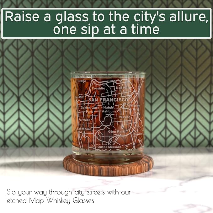 Greenline Goods Whiskey Glasses - 10 Oz Tumbler Gift Set for San Francisco lovers, Etched with San Francisco Map | Old Fashioned Rocks Glass - Set of 2