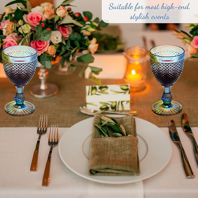 Bokon 12 Pack Blue Glass Goblets Set 10 oz High Clear Wine Glass Vintage Water Goblets Cups Embossed Diamond Design Glassware with Stem for Drinking Juice Liquor Party Wedding Bar