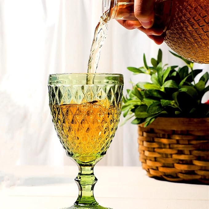 ZOOFOX Set of 6 Vintage Wine Glasses, 10 oz Colored Glass Goblet with Stem, Diamond Design Embossed Glassware for Baby Shower, Wedding, Party, Holiday