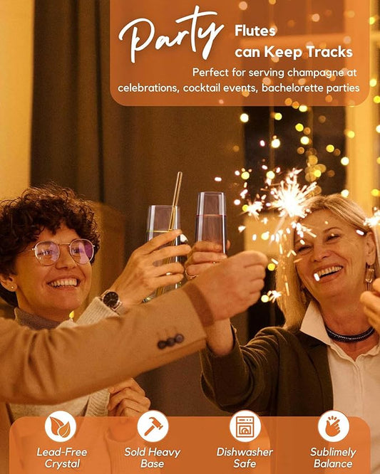 ColoVie Stemless Champagne Glasses Set of 6- Colored Champagne Flutes- Wedding Toasting Glass- Bridesmaid Gift- Mimosa Glass- Crystal Bar Glassware- Birthday Cocktail Party, 9.6oz