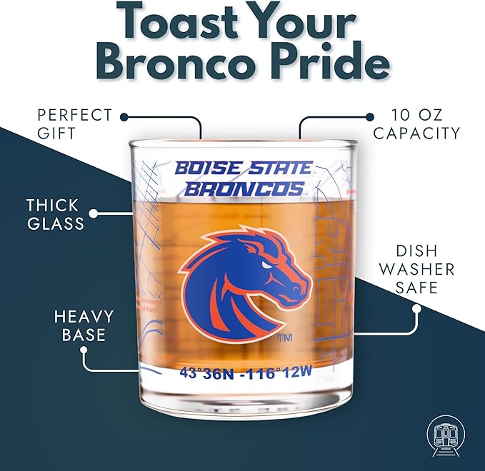 Greenline Goods – Boise State University Broncos College Whiskey Glasses (Set of 2), 10 oz – Full-Color Logo + Campus Map