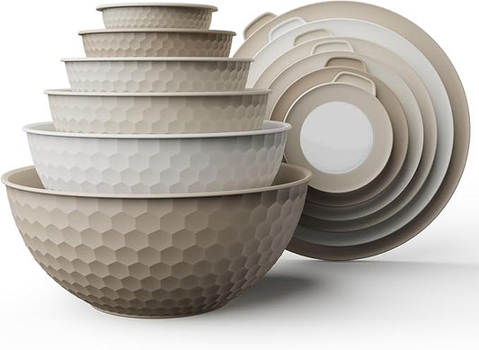 COOK WITH COLOR Mixing Bowls with Lids - 12 Piece Plastic Nesting Bowls Set includes 6 Prep Bowls and 6 Lids, Non Slip Bottom and Embossed Design - Microwave Safe (Brown)