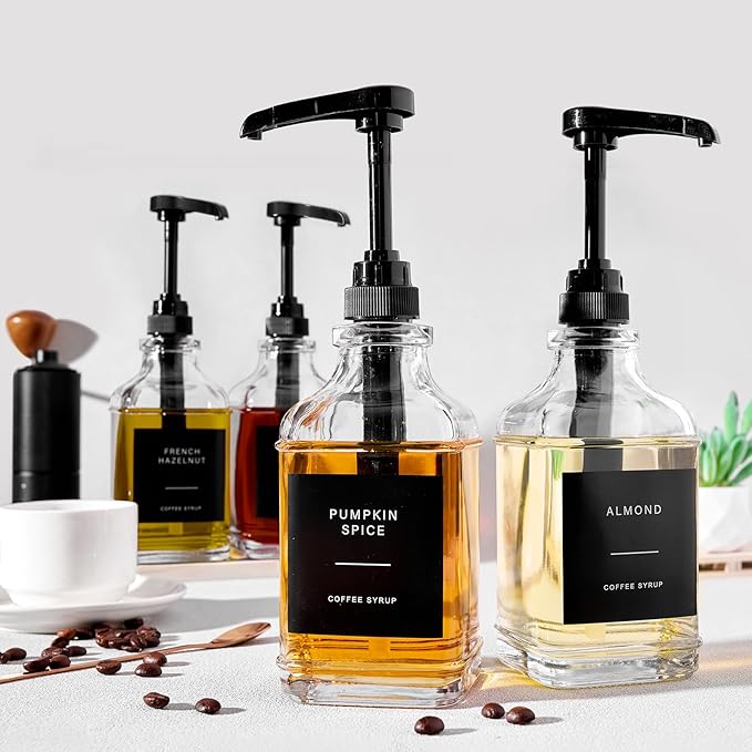 Coffee Syrup Dispenser Set, 4 Glass Bottles with Pump, Black, 16.9 oz, 500 ml