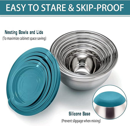 P&P CHEF Mixing Bowls With Lids, Set of 6, Stainless Steel Nesting Mixing Bowls & Fitting Lids & Non-Slip Silicone Bottom, Ideal for Mixing, Storing, Size 0.7/1/1.5/2.5/3/4.6 Qt, Blue