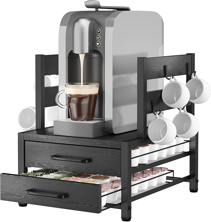 K Cup Holder Drawer - K Cup Storage Organizer, Coffee Pod Drawer with Hooks, Durable Iron-Wood Design, Space-Saving Coffee Station Organizer for Kitchen Counter