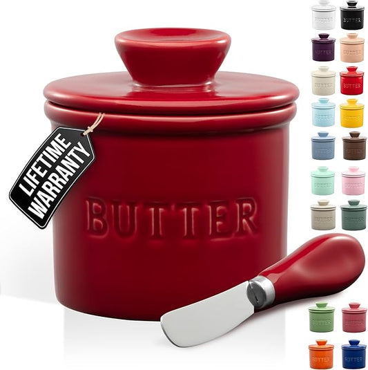 Zulay Kitchen Porcelain Butter Crock With Lid & Knife - Authentic French Butter Dish For Fresh & Spreadable Butter - Garnet