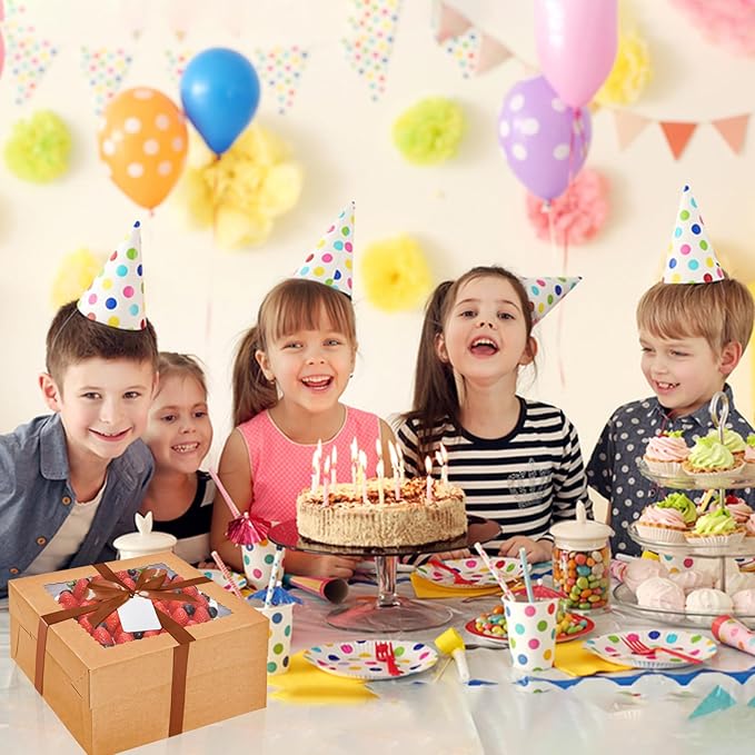 16Pcs 12x12x6 Inch Cake Boxes with Cake Boards (8Pcs Brown Cake Boxes, 8Pcs Cake Boards), Bakery Boxes with Window, Cake Carrier Container for Birthday Party, Wedding