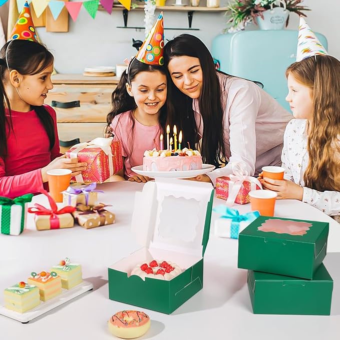 6x6x3 Inches Small Cake Box with Window, Bakery Box, Pastry Boxes, Cookie Boxes, Mini Pie Box for Pastry,Dessert,Strawberries,Chocolates, Cupcakes with paper stickers (Green/36pcs)