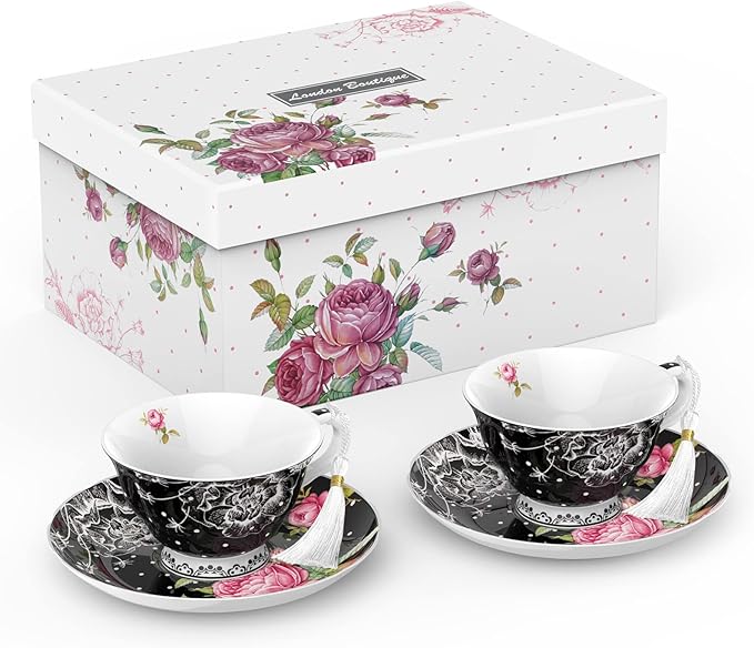 London Boutique Tea Cup and Saucer Set 2 Afternoon Tea Set New Bone China Vintage Flora Gift Box 200m (Black)