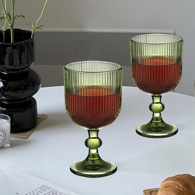 Green Vintage Wine Glasses Set of 6, 11 Ounces Colored Glass Water Goblets, Unique Embossed Pattern High Clear Stemmed Glassware Wedding Party Bar Glass Drinking Cups Fancy Glasses Vertical Line