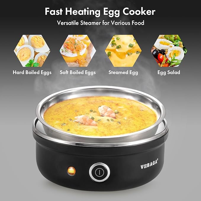 VOBAGA Electric Egg Cooker, Rapid Egg Boiler with Auto Shut Off for Soft, Medium, Hard Boiled, Poached, Steamed Eggs, Vegetables and Dumplings, Stainless Steel Tray with 7-Egg Capacity (Black)