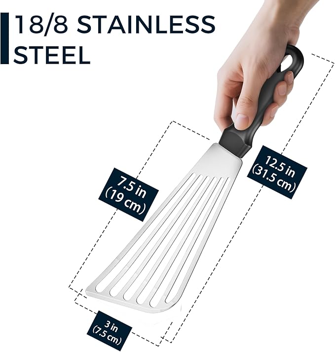 18/8 Stainless Steel Fish Spatula, Thin Long Flexible 12.5-in Metal Spatula Fish Turner Brushed Kitchen Utensil for Outdoor Grilling Daily Barbeque, Dishwasher Safe