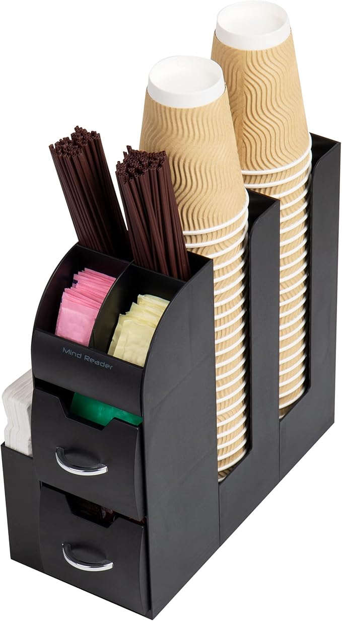 Mind Reader Cup and Condiment Station, Countertop Organizer, Coffee Bar, Kitchen, Stirrers, 5.35"W x 11.25"L x 11.15"H, Black