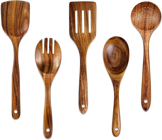 Wooden Spoons for Cooking, 5 Pcs Wooden Utensils for Cooking Natural Teak Wooden Kitchen Utensils Set