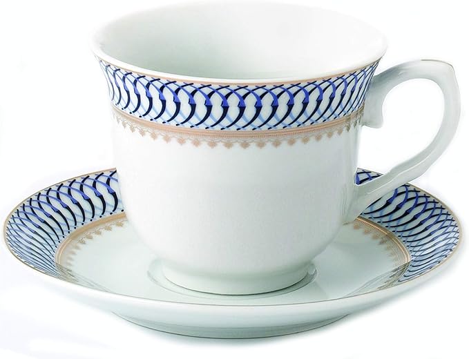 World Gifts Elegant Durable and Colorful Porcelain Tea-Coffee Cups and Saucers Set - Blue and Gold, 8 oz. Set of 4